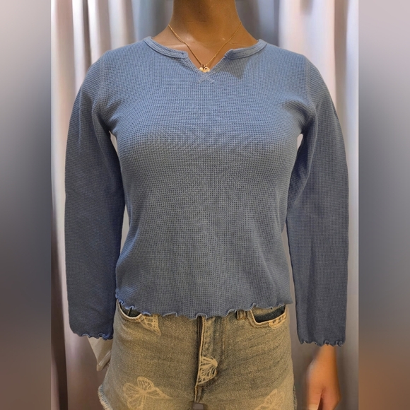 Girls Old Navy Blue Waffle Knit Long Sleeve Top - Picture 1 of 3